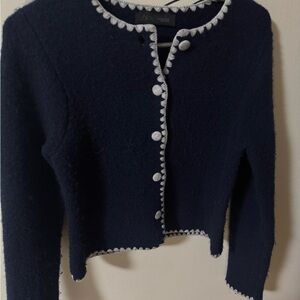Zara Navy Blue Cardigan Sweater with White Trim